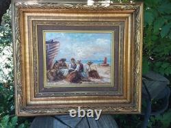 Tableau huile sur bois encadré signé Lieutaud retour de pêche
