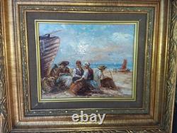 Tableau huile sur bois encadré signé Lieutaud retour de pêche