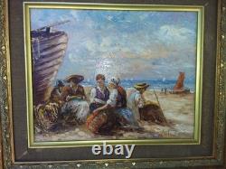 Tableau huile sur bois encadré signé Lieutaud retour de pêche