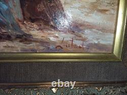 Tableau huile sur bois encadré signé Lieutaud retour de pêche