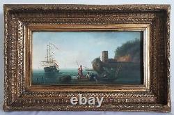 Tableau huile sur bois marine scène de pêche à la ligne