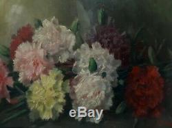 Tableau huile sur bois nature morte fleurs oeillets Edgard BREYNE début XXème
