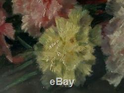 Tableau huile sur bois nature morte fleurs oeillets Edgard BREYNE début XXème