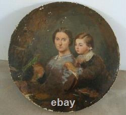 Tableau huile sur bois portrait femme enfant au perroquet encadré 1848