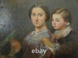 Tableau huile sur bois portrait femme enfant au perroquet encadré 1848