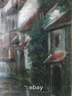 Tableau, huile sur bois, ville, église, cours d'eau, personnage
