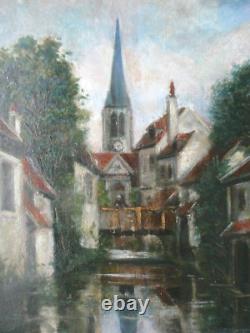 Tableau, huile sur bois, ville, église, cours d'eau, personnage