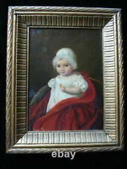 Tableau huile sur carton portrait miniature enfant robe Empire 1812