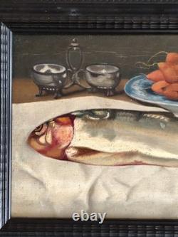 Tableau huile sur panneau de bois nature morte au poisson