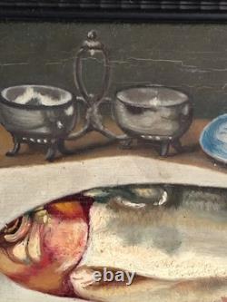 Tableau huile sur panneau de bois nature morte au poisson