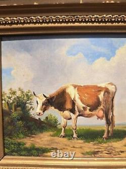 Tableau huile sur panneau de bois représentant vache et poules dans le près