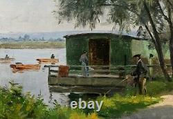 Tableau impressionniste huile paysage bord rivière bateau lavoir pêcheur pêche