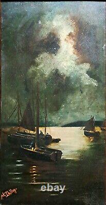 Tableau impressionniste, huile sur bois XIXè siècle Marine signée + 4 CD neufs