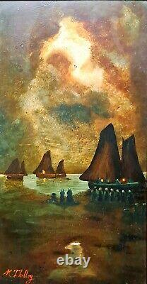 Tableau impressionniste, huile sur bois XIXè siècle Marine signée + 4 CD neufs