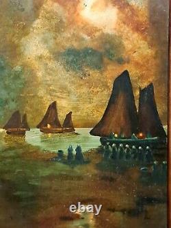 Tableau impressionniste, huile sur bois XIXè siècle Marine signée + 4 CD neufs