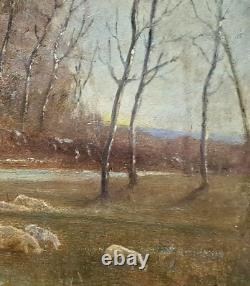 Tableau impressionniste, huile sur bois, scène pastorale Ecole de Barbizon