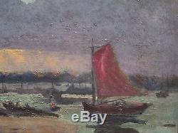 Tableau impressionniste signé Emile CAGNIART, Port animé, circa 1880