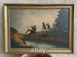 Tableau les 3 sauteurs de la rivière Huile sur bois du 19ème siècle