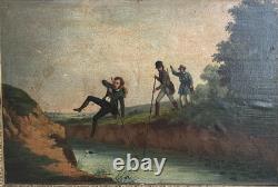 Tableau les 3 sauteurs de la rivière Huile sur bois du 19ème siècle