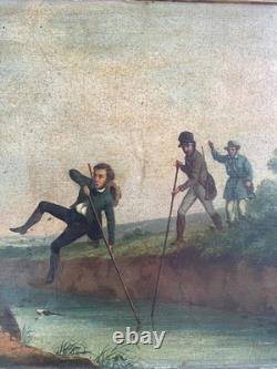 Tableau les 3 sauteurs de la rivière Huile sur bois du 19ème siècle
