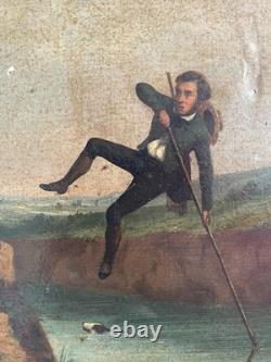Tableau les 3 sauteurs de la rivière Huile sur bois du 19ème siècle