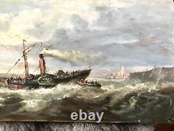 Tableau, marine, entrée au port, huile sur bois, début XIX ème