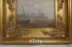 Tableau marine époque XIXe siècle- huile sur bois signé- bateau-phare-mer-oiseau