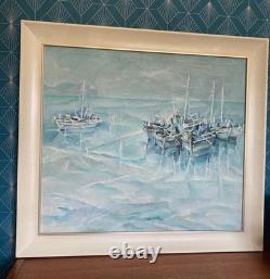 Tableau marine signé, huile sur toile ancienne, cadre en bois et baguette dorée