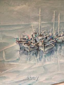 Tableau marine signé, huile sur toile ancienne, cadre en bois et baguette dorée