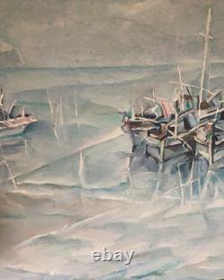 Tableau marine signé, huile sur toile ancienne, cadre en bois et baguette dorée