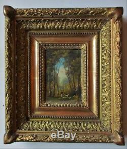 Tableau miniature peinture BARBIZON XIXe PAYSAGE chasseur TRACE DE SIGNATURE