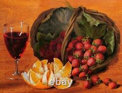 Tableau nature morte orange fraises verre vin huile panneau acajou 19ème siècle