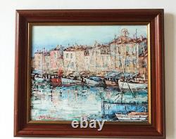 Tableau oginal huile sur toile port de Saint Tropez 46 x 38 cm Cadre bois