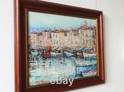 Tableau oginal huile sur toile port de Saint Tropez 46 x 38 cm Cadre bois