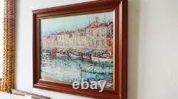 Tableau oginal huile sur toile port de Saint Tropez 46 x 38 cm Cadre bois