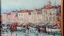 Tableau oginal huile sur toile port de Saint Tropez 46 x 38 cm Cadre bois