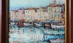 Tableau oginal huile sur toile port de Saint Tropez 46 x 38 cm Cadre bois