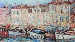 Tableau oginal huile sur toile port de Saint Tropez 46 x 38 cm Cadre bois