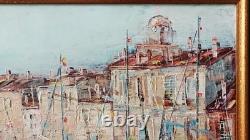 Tableau oginal huile sur toile port de Saint Tropez 46 x 38 cm Cadre bois