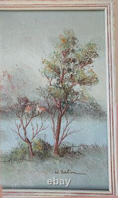 Tableau paysage huile sur toile signé E. EATON 40x50 cm sous verre cadre bois