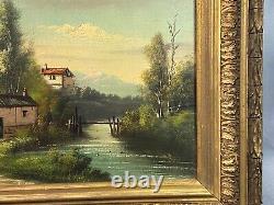 Tableau paysage montagneux animé à la rivière cadre bois stuc doré fin XIXe
