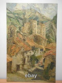 Tableau peinture Erminio VIOLA paysage chateau fort village sommet montagne