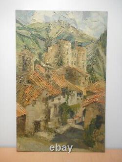 Tableau peinture Erminio VIOLA paysage chateau fort village sommet montagne