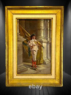 Tableau /peinture / Huile Sur Panneau En Bois Gentilhomme Porteur De Drapeau