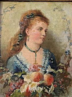 Tableau peinture XIXe portrait de jeune femme aux fleurs huile sur panneau bois