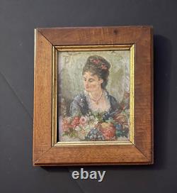 Tableau peinture XIXe portrait de jeune femme aux fleurs huile sur panneau bois
