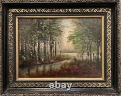 Tableau peinture ancienne paysage de sous bois XXe