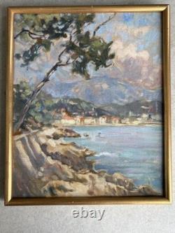 Tableau peinture huile paysage marine bord de mer côte Méditerranée Menton