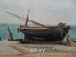 Tableau peinture marine MORLON FECAMP bateau plage mer NORMANDIE 19e français