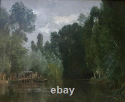 Tableau peinture paysage BERTHELON bord lac barque bois forêt français 19e